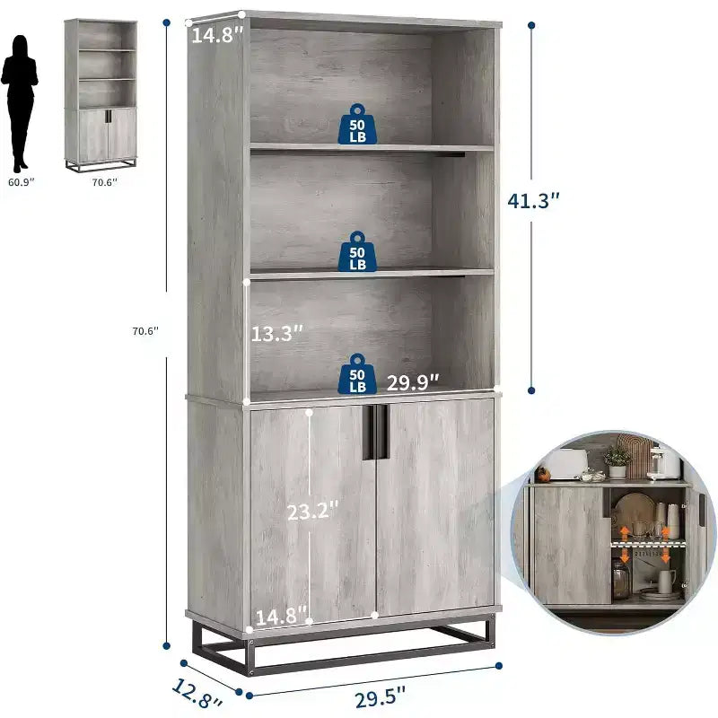 71-Inch 5-Tier Bookcase with Cabinet Doors and Metal Base