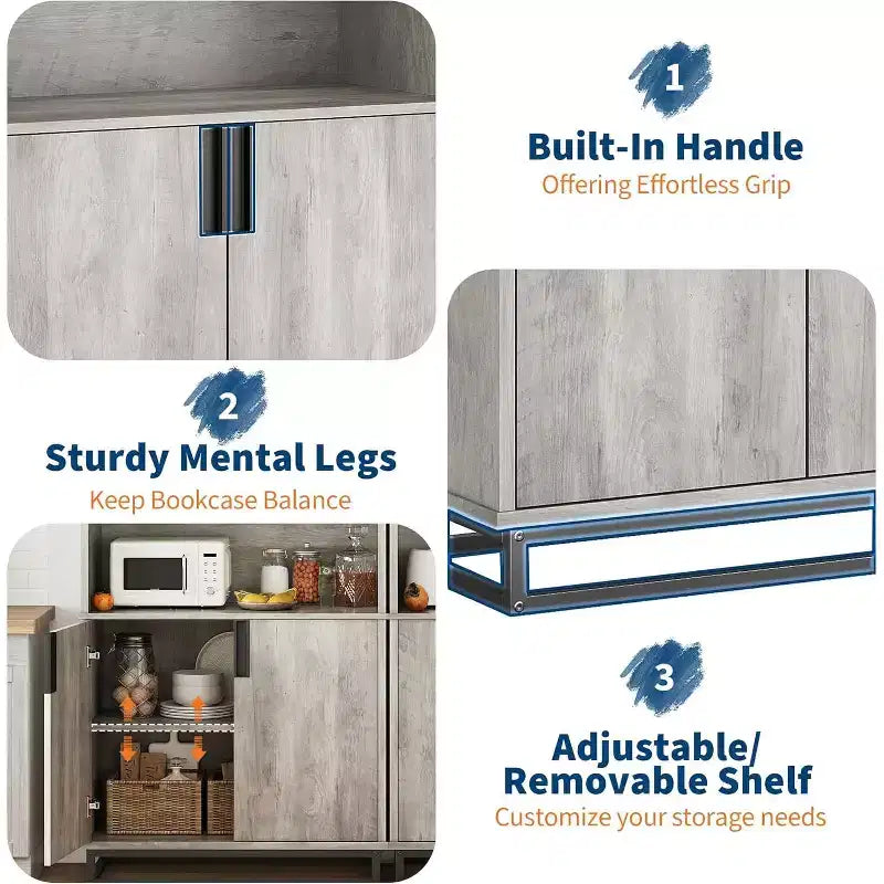 71-Inch 5-Tier Bookcase with Cabinet Doors and Metal Base