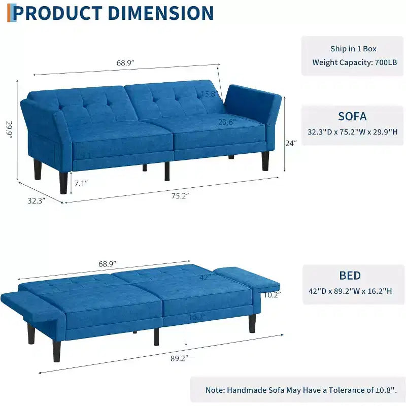 89" Verwandlungs-Futon-Schlafsofa mit verstellbarer Rückenlehne und Armlehnen