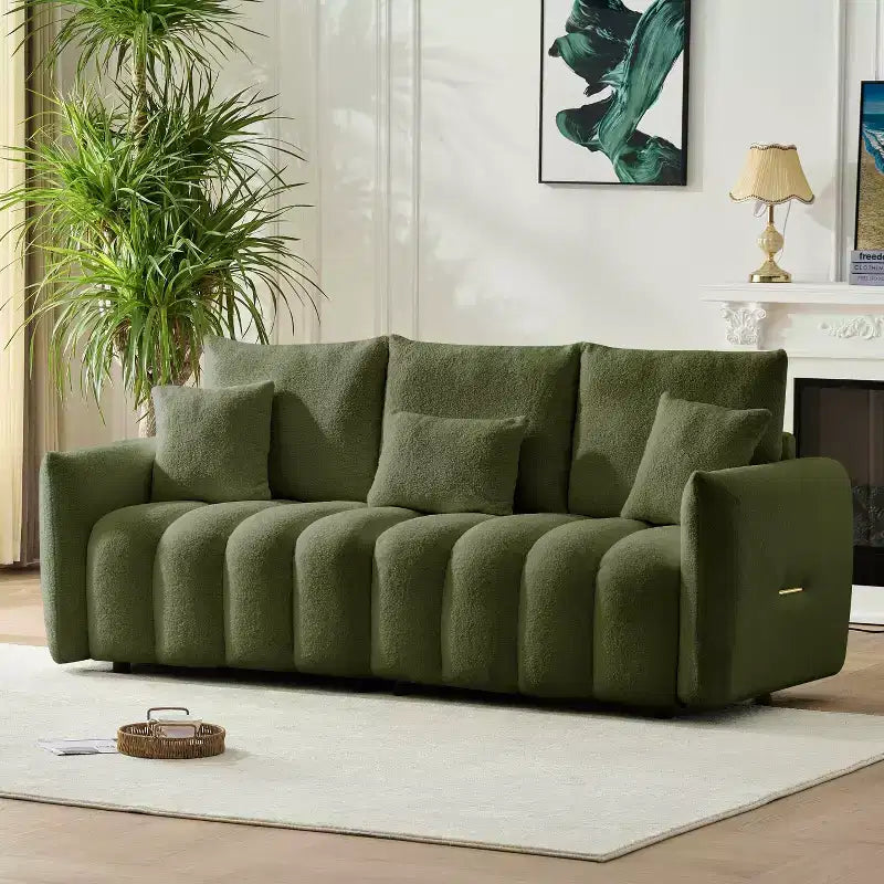 Sofá de tela Teddy de 78 pulgadas con 3 almohadas traseras y 3 cojines, estructura de madera maciza, sofá tapizado de 3 plazas, verde