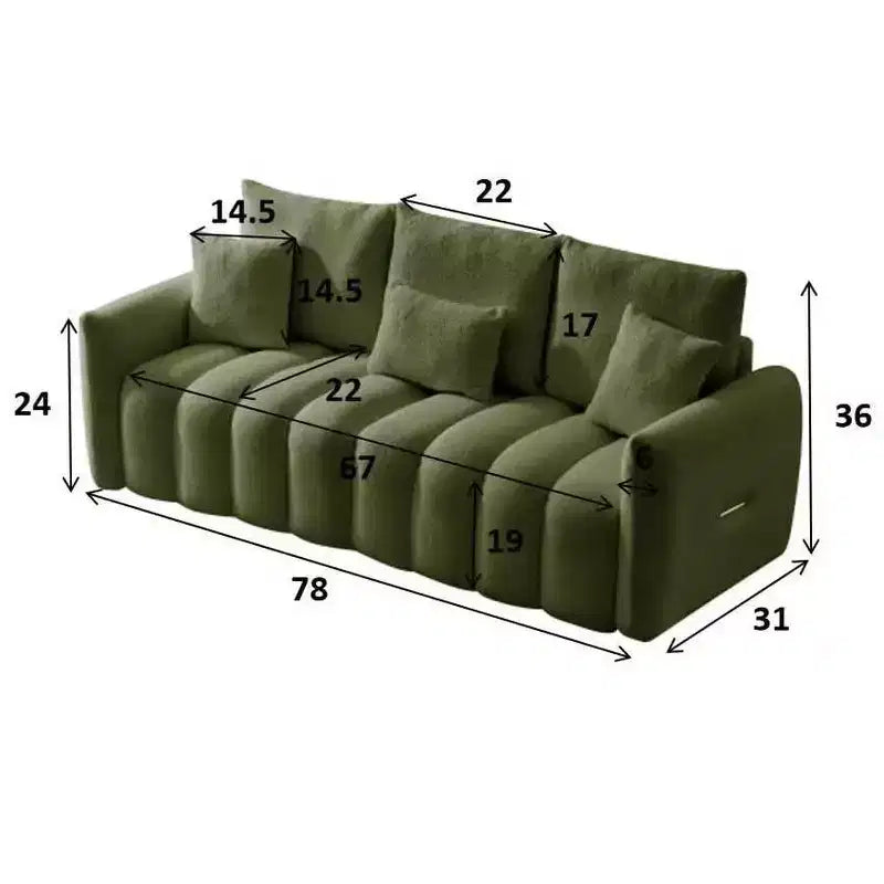 78 Zoll Teddy-Stoffsofa mit 3 Rückenkissen und 3 Polstern, Massivholzrahmen, 3-Sitzer gepolstertes Sofa, Grün