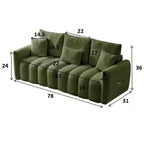 78 Zoll Teddy-Stoffsofa mit 3 Rückenkissen und 3 Polstern, Massivholzrahmen, 3-Sitzer gepolstertes Sofa, Grün