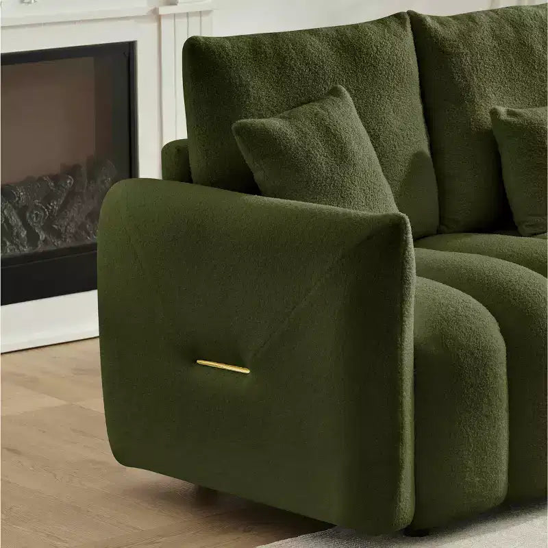 Sofá de tela Teddy de 78 pulgadas con 3 almohadas traseras y 3 cojines, estructura de madera maciza, sofá tapizado de 3 plazas, verde