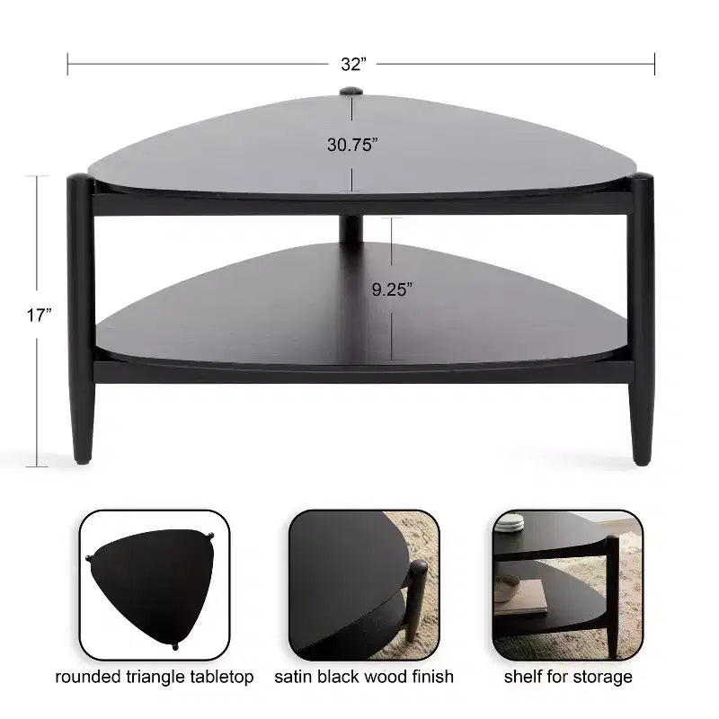 Dreieckiger zweistufiger Couchtisch aus Holz, 32x31x17, Schwarz