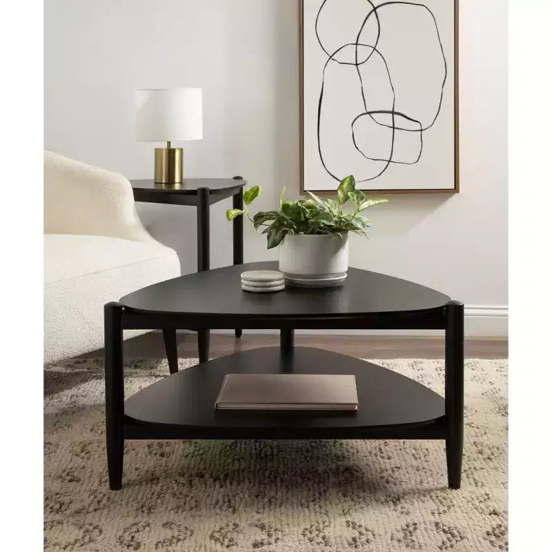 Dreieckiger zweistufiger Couchtisch aus Holz, 32x31x17, Schwarz
