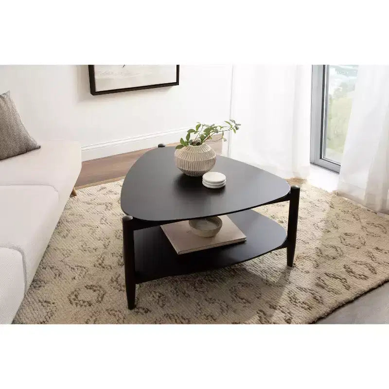 Dreieckiger zweistufiger Couchtisch aus Holz, 32x31x17, Schwarz