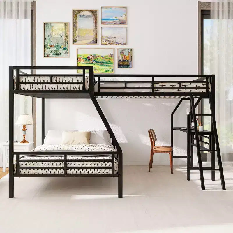 Twin over Full Metal Bunk Bed with Twin Size Loft Bed and Desk, Black