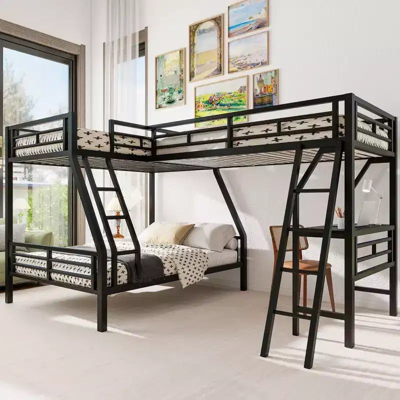 Twin over Full Metal Bunk Bed with Twin Size Loft Bed and Desk, Black
