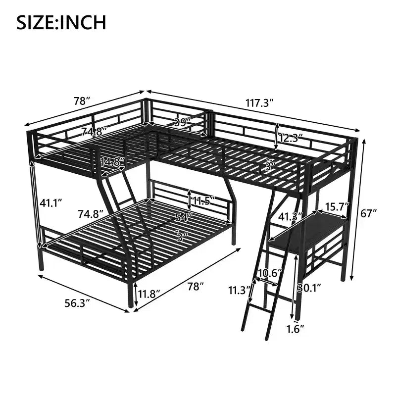 Twin over Full Metal Bunk Bed with Twin Size Loft Bed and Desk, Black