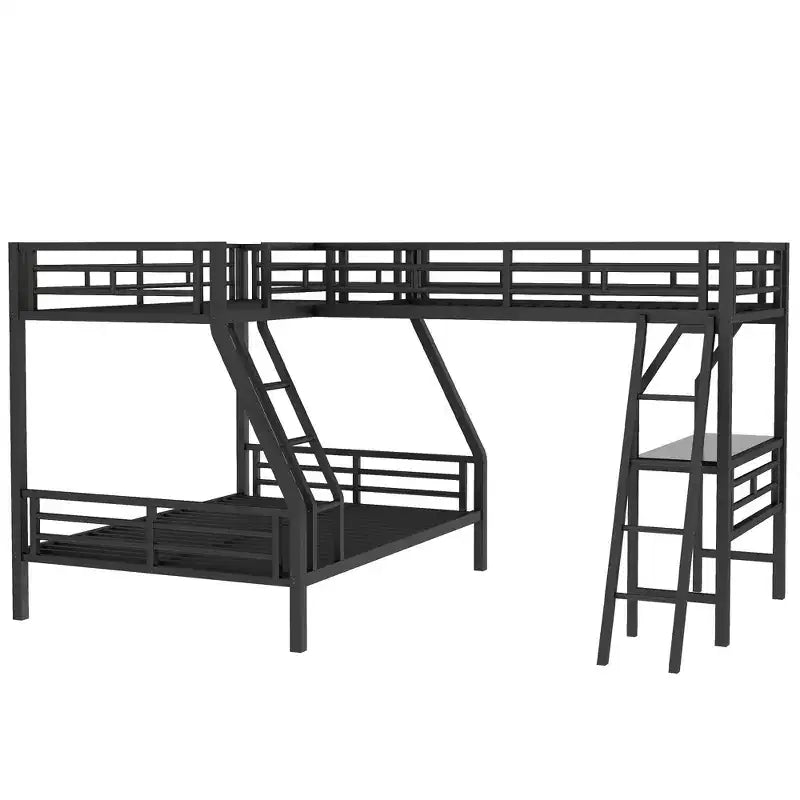 Twin over Full Metal Bunk Bed with Twin Size Loft Bed and Desk, Black